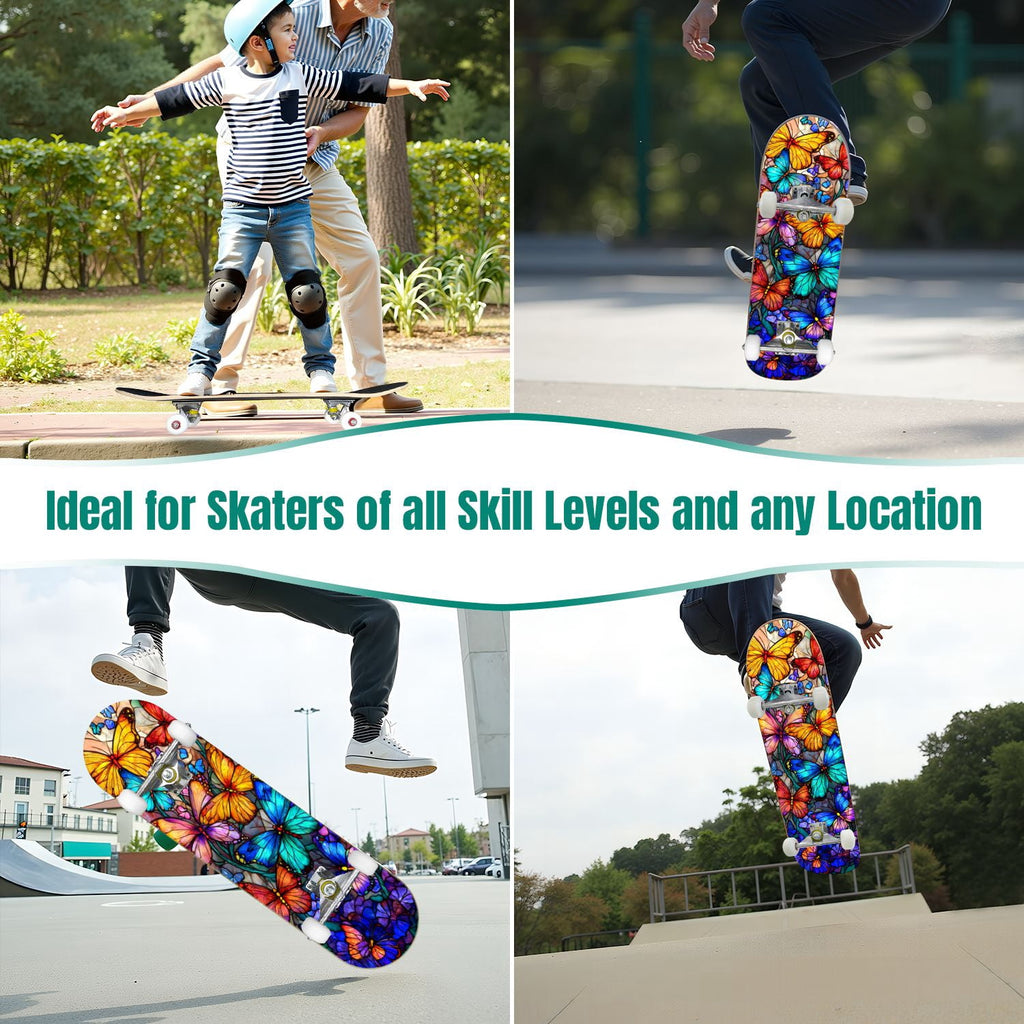 31"x8" Complete Skateboards for Beginners, Vibrant Stained Glass Window Butterflies Flowers Double Kick 7 Ply Canadian Maple Deck Skateboard with Wheels, Gifts for Kids Teens