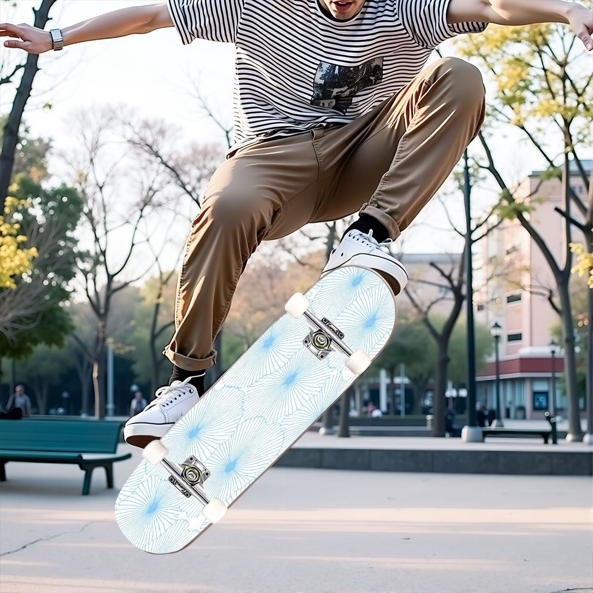 31"x8" Complete Skateboards for Beginners,Seamless Blue Watercolor Crabs Floral Accents Light Double Kick 7 Ply Canadian Maple Deck Skateboard with Wheels, Gifts for Kids Teens