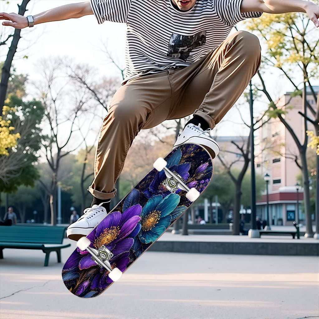 31"x8" Complete Skateboards for Beginners, Vibrant Purple Teal Floral Artwork Golden Accents Vintage Double Kick 7 Ply Canadian Maple Deck Skateboard with Wheels, Gifts for Kids Teens