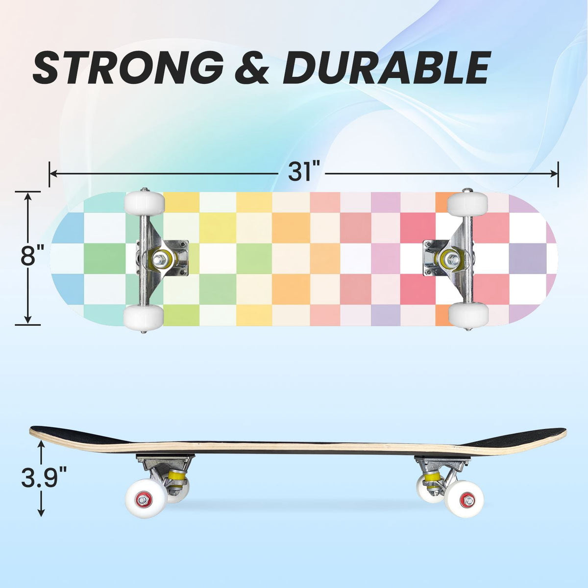 31"x8" Complete Skateboards for Beginners,Light Green White Gingham Checkered Double Kick 7 Ply Canadian Maple Deck Skateboard with Wheels, Gifts for Kids Teens