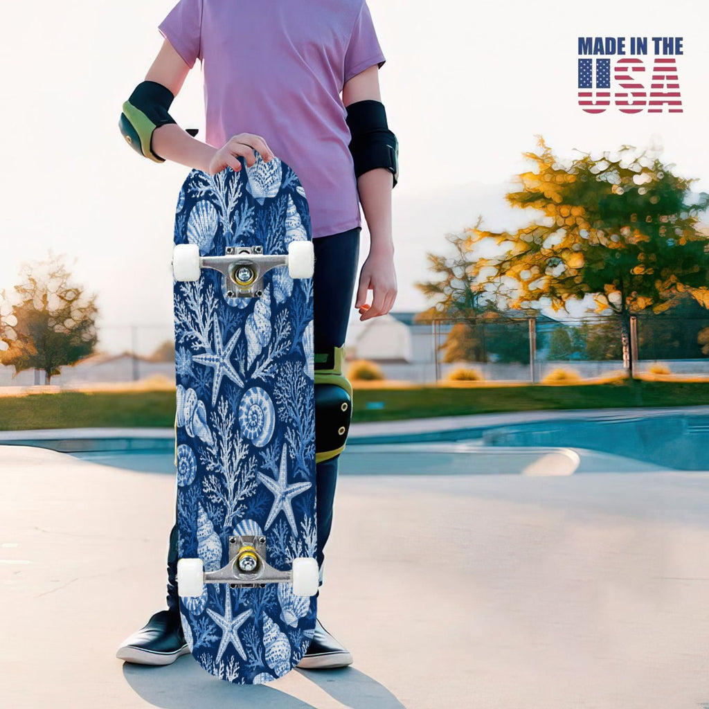 31"x8" Complete Skateboards for Beginners, Seashell Starfish Blue White Nautical Marine Life Double Kick 7 Ply Canadian Maple Deck Skateboard with Wheels, Gifts for Kids Teens