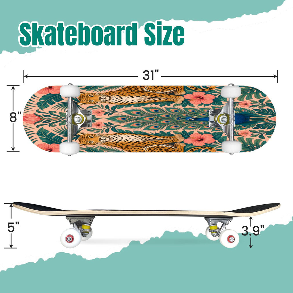 Rose Teal Rose Painting Turquoise Blue Flower Kitchen Decor 31" x 8" Complete Skateboard, 7-Ply Canadian Maple Double Kick Trick Board for Kids and Beginners Adult Gifts