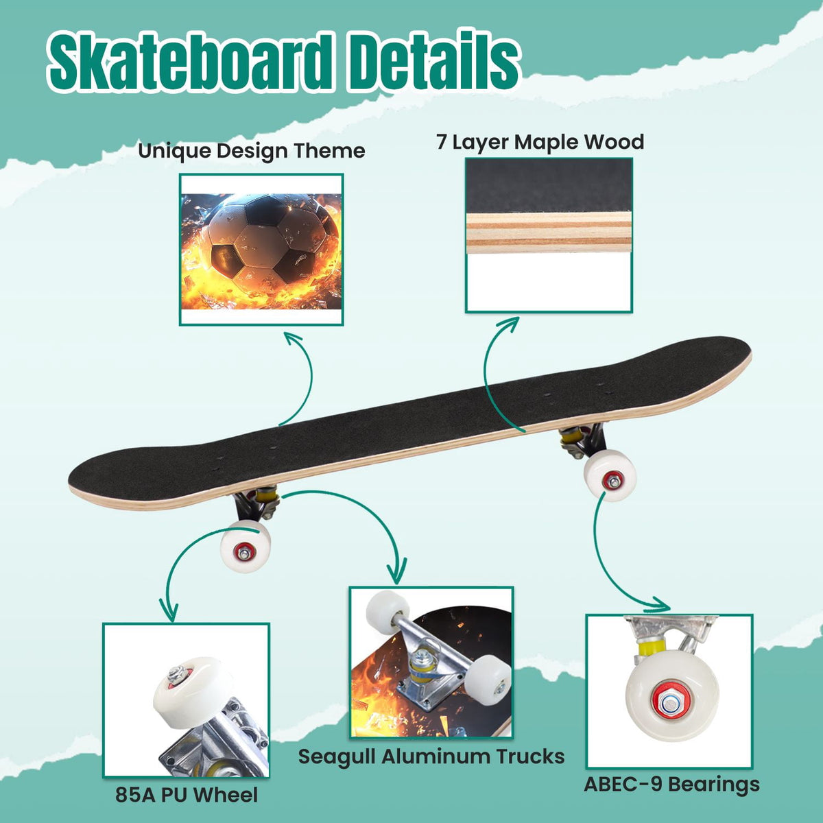 Dynamic Soccer Ball Explosion Energy Effects Stadium 31" x 8" Complete Skateboard, 7-Ply Canadian Maple Double Kick Trick Board for Kids and Beginners Adult Gifts