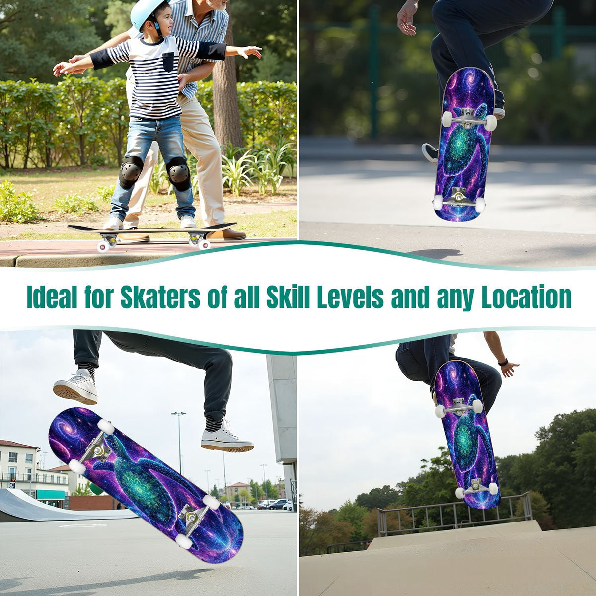 31"x8" Complete Skateboards for Beginners, Underwater Sharks Glowing Purple Jellyfish Marine Life Double Kick 7 Ply Canadian Maple Deck Skateboard with Wheels, Gifts for Kids Teens