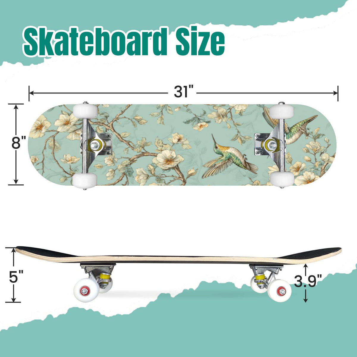 Vintage Movie Theater Classic Cinema 31" x 8" Complete Skateboard, 7-Ply Canadian Maple Double Kick Trick Board for Kids and Beginners Adult Gifts