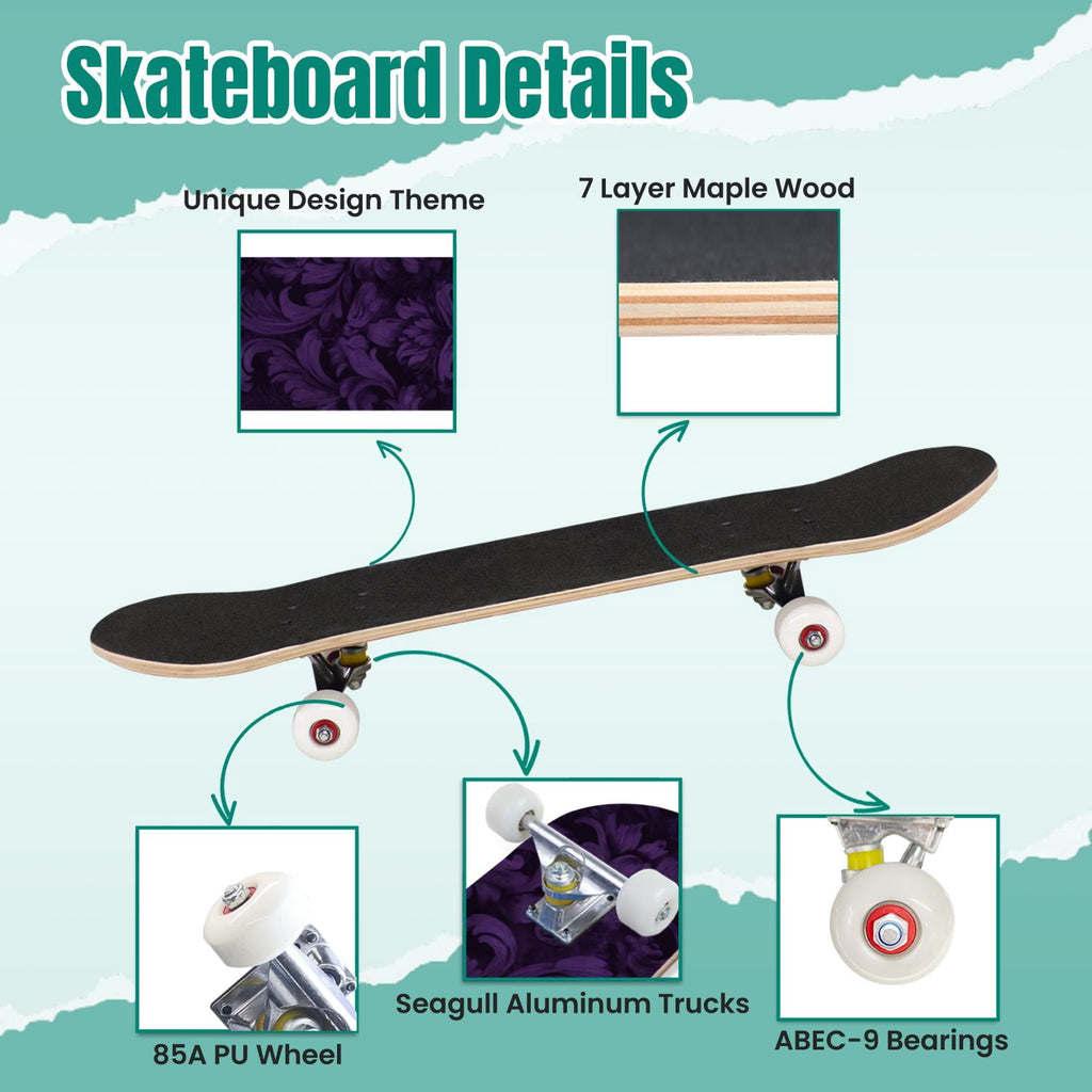Elegant Purple Damask 31" x 8" Complete Skateboard, 7-Ply Canadian Maple Double Kick Trick Board for Kids and Beginners Adult Gifts