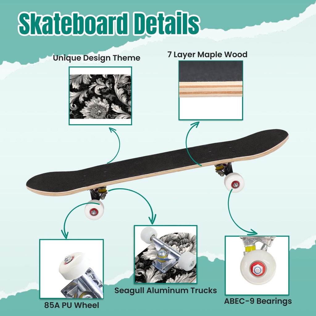 Vintage Floral Bird Sepia Tones 31" x 8" Complete Skateboard, 7-Ply Canadian Maple Double Kick Trick Board for Kids and Beginners Adult Gifts