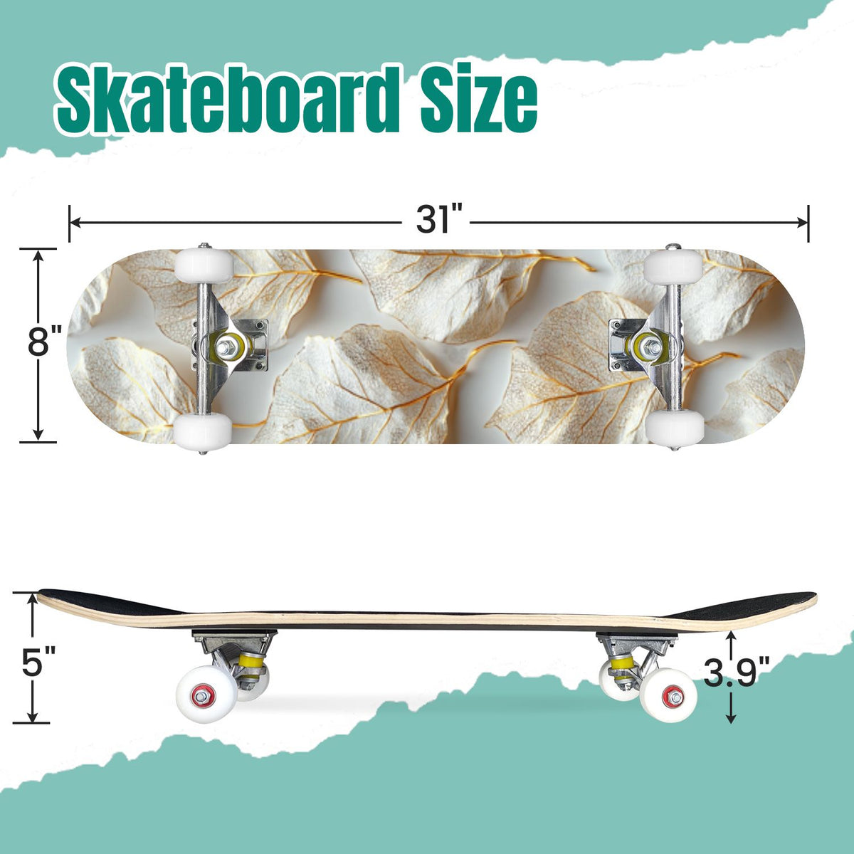 Delicate White Lotus Flowers Leaves Soft Blue 31" x 8" Complete Skateboard, 7-Ply Canadian Maple Double Kick Trick Board for Kids and Beginners Adult Gifts