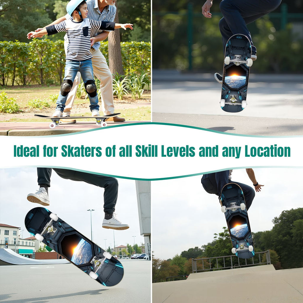 31"x8" Complete Skateboards for Beginners,Black Hexagon Honeycomb Glowing Blue Accents Double Kick 7 Ply Canadian Maple Deck Skateboard with Wheels, Gifts for Kids Teens