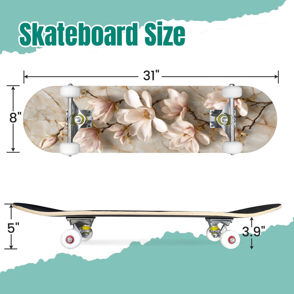 Botanical Birds Lemons Flowers Blue 31" x 8" Complete Skateboard, 7-Ply Canadian Maple Double Kick Trick Board for Kids and Beginners Adult Gifts