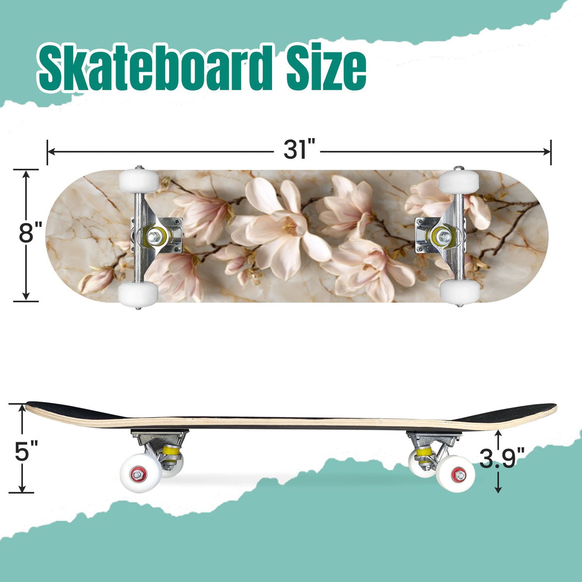 Botanical Birds Lemons Flowers Blue 31" x 8" Complete Skateboard, 7-Ply Canadian Maple Double Kick Trick Board for Kids and Beginners Adult Gifts