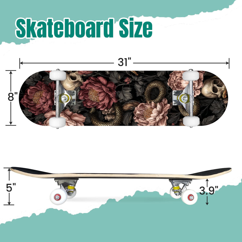 Botanical Floral Peonies Hummingbirds 31" x 8" Complete Skateboard, 7-Ply Canadian Maple Double Kick Trick Board for Kids and Beginners Adult Gifts