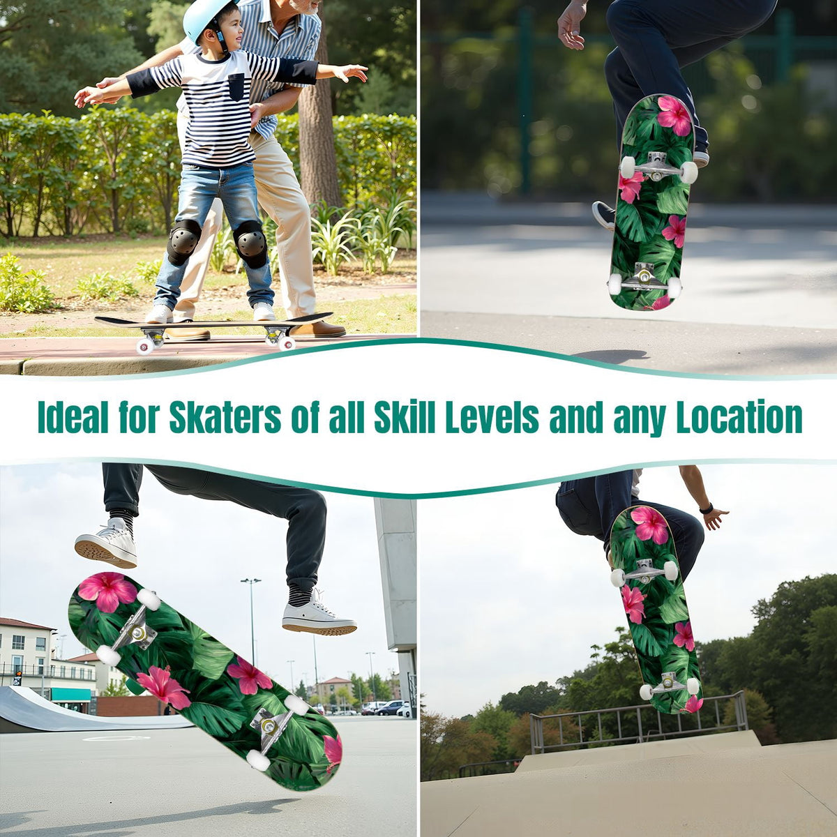 Watercolor Botanical Blue Green Leaves Flowers 31" x 8" Complete Skateboard, 7-Ply Canadian Maple Double Kick Trick Board for Kids and Beginners Adult Gifts