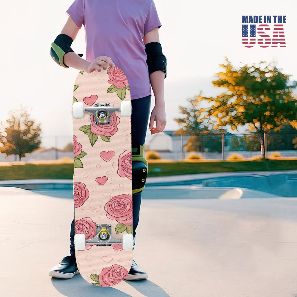 31"x8" Complete Skateboards for Beginners, Elegant Floral Pink Roses Blue Butterflies Double Kick 7 Ply Canadian Maple Deck Skateboard with Wheels, Gifts for Kids Teens