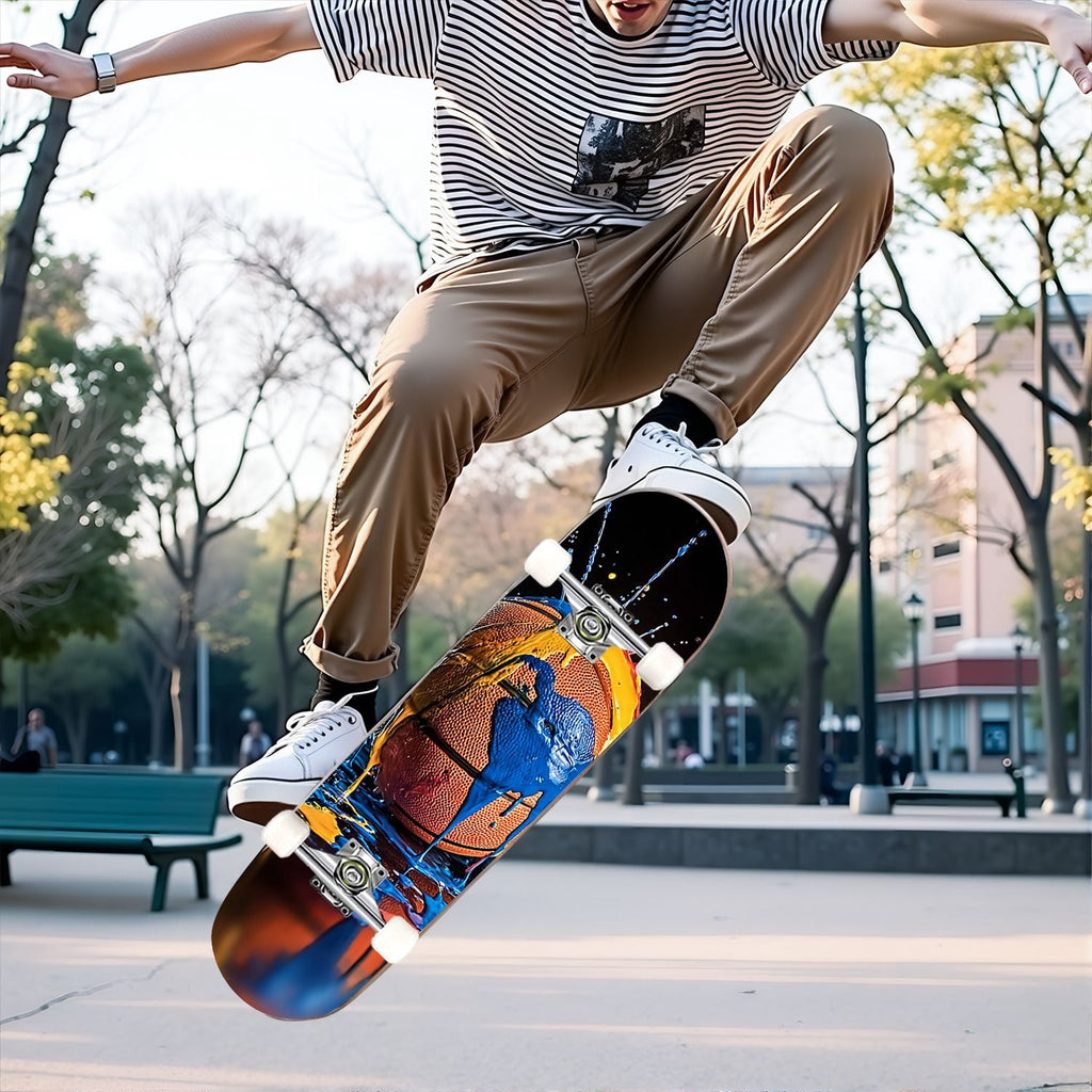 31"x8" Complete Skateboards for Beginners,Abstract Soccer Ball Vibrant Paint Splashes Drips Double Kick 7 Ply Canadian Maple Deck Skateboard with Wheels, Sports Gifts for Kids Teens