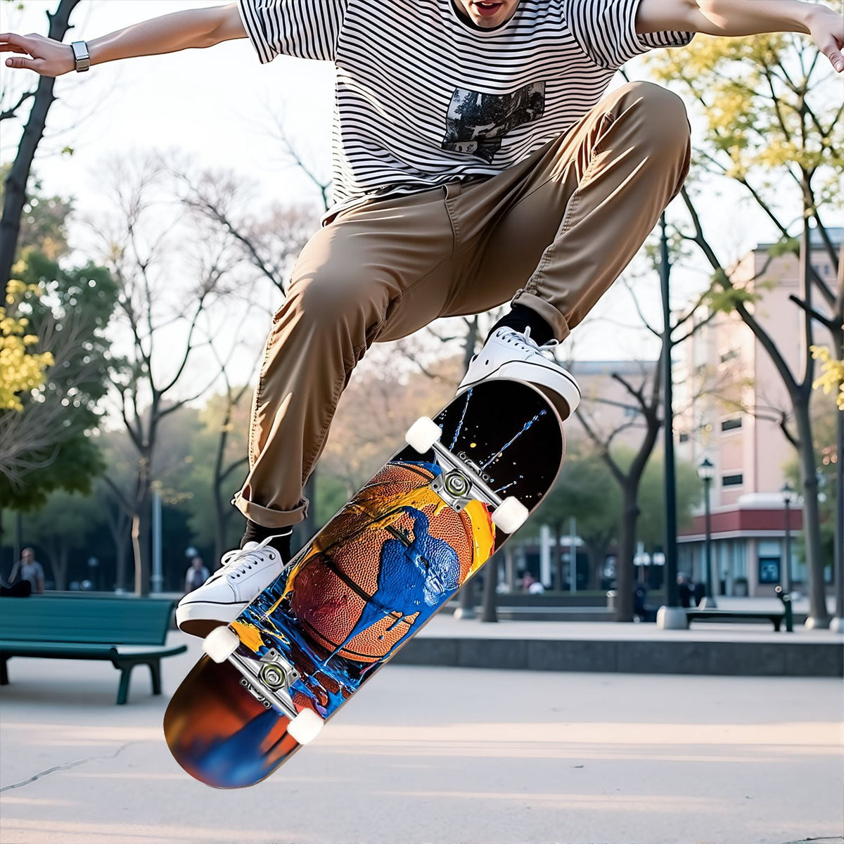 31"x8" Complete Skateboards for Beginners,Abstract Soccer Ball Vibrant Paint Splashes Drips Double Kick 7 Ply Canadian Maple Deck Skateboard with Wheels, Sports Gifts for Kids Teens