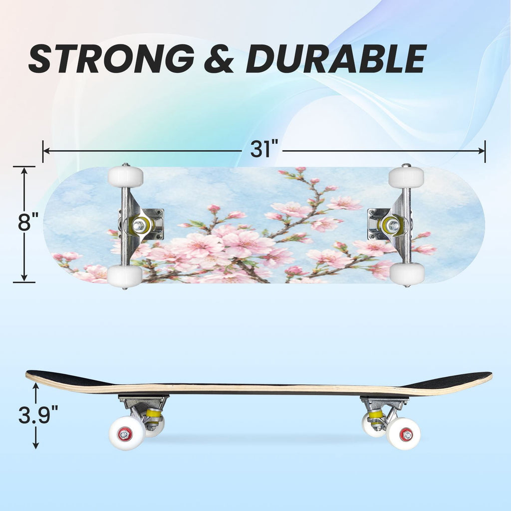 31"x8" Pink cherry blossoms Complete Skateboard for Beginners Tokyo branch flower 7 Layer Maple Deck Double Kick Kids Skateboard with 85A PU Wheels Gifts for Kids Teens
