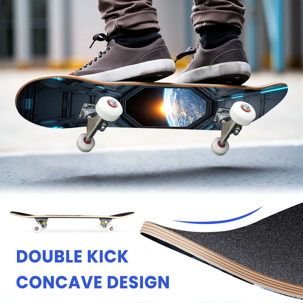 31"x8" Complete Skateboards for Beginners,Black Hexagon Honeycomb Glowing Blue Accents Double Kick 7 Ply Canadian Maple Deck Skateboard with Wheels, Gifts for Kids Teens