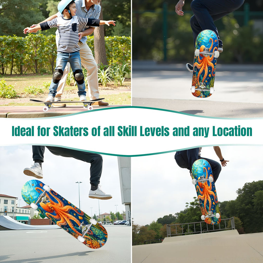 31"x8" Complete Skateboards for Beginners, Colorful Underwater Two Seahorses Coral Reefs Double Kick 7 Ply Canadian Maple Deck Skateboard with Wheels, Gifts for Kids Teens