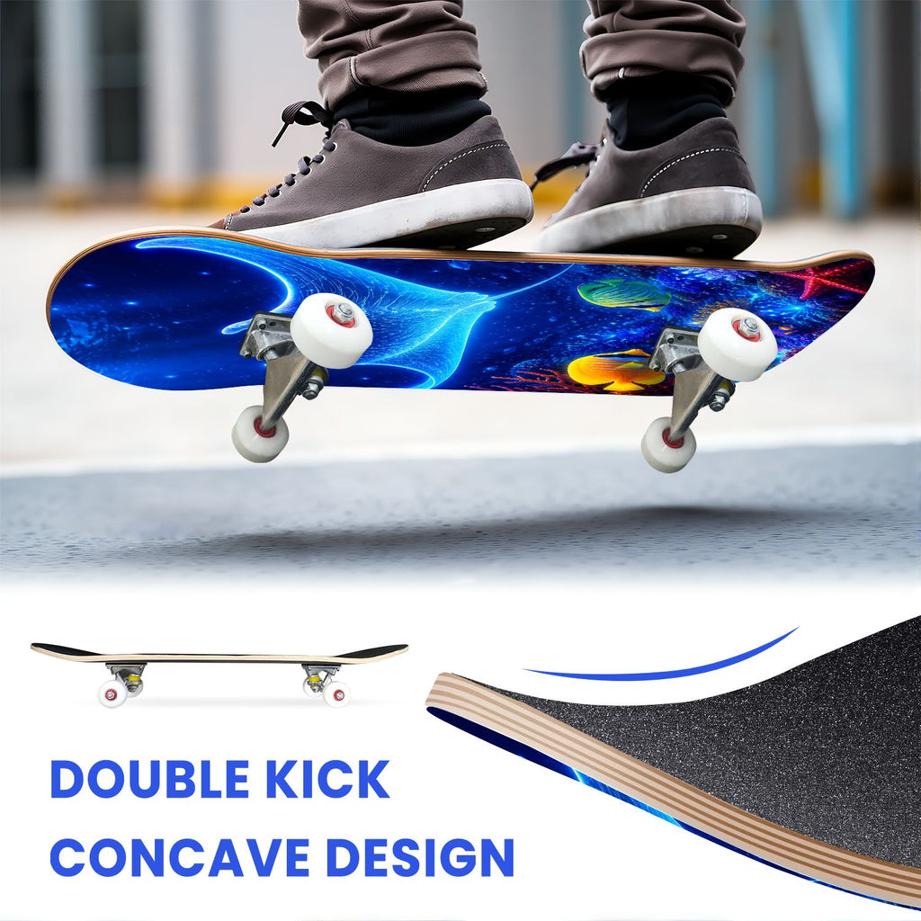 31"x8" Complete Skateboards for Beginners, Underwater Sharks Glowing Purple Jellyfish Marine Life Double Kick 7 Ply Canadian Maple Deck Skateboard with Wheels, Gifts for Kids Teens