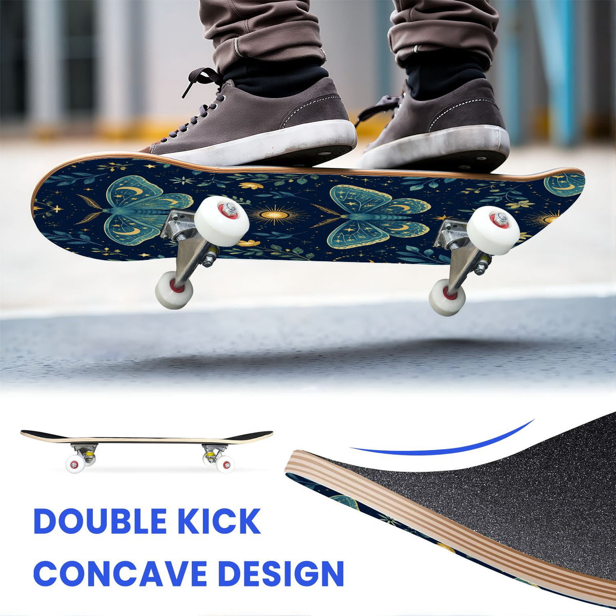31"x8" Complete Skateboards for Beginners, Blue Moth Moonlight Flowers Mushrooms Forest Double Kick 7 Ply Canadian Maple Deck Skateboard with Wheels, Gifts for Kids Teens