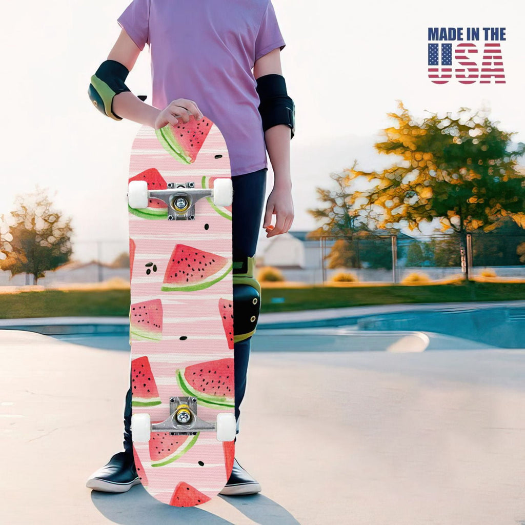 31"x8" Complete Skateboards for Beginners,Watercolor Watermelon Slices Pink Striped Double Kick 7 Ply Canadian Maple Deck Skateboard with Wheels, Gifts for Kids Teens