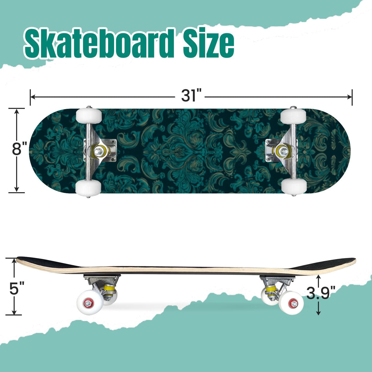 Elegant Purple Damask 31" x 8" Complete Skateboard, 7-Ply Canadian Maple Double Kick Trick Board for Kids and Beginners Adult Gifts