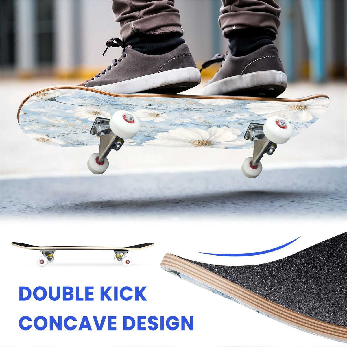 31"x8" Complete Skateboards for Beginners,Elegant White Blue Flowers Soft Petals Dreamy Artistic Double Kick 7 Ply Canadian Maple Deck Skateboard with Wheels, Gifts for Kids Teens