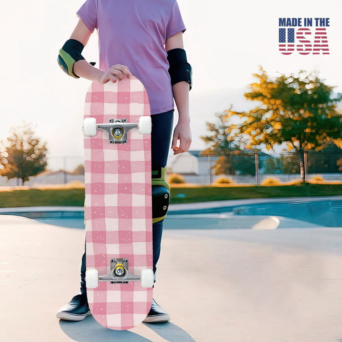 31"x8" Complete Skateboards for Beginners,Pink White Gingham Checkered Subtle Double Kick 7 Ply Canadian Maple Deck Skateboard with Wheels, Gifts for Kids Teens