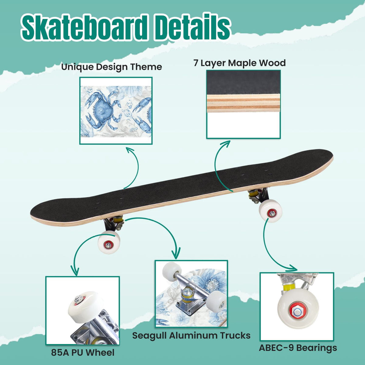 Tropical Jungle Leaf Teal Green Botanical 31" x 8" Complete Skateboard, 7-Ply Canadian Maple Double Kick Trick Board for Kids and Beginners Adult Gifts