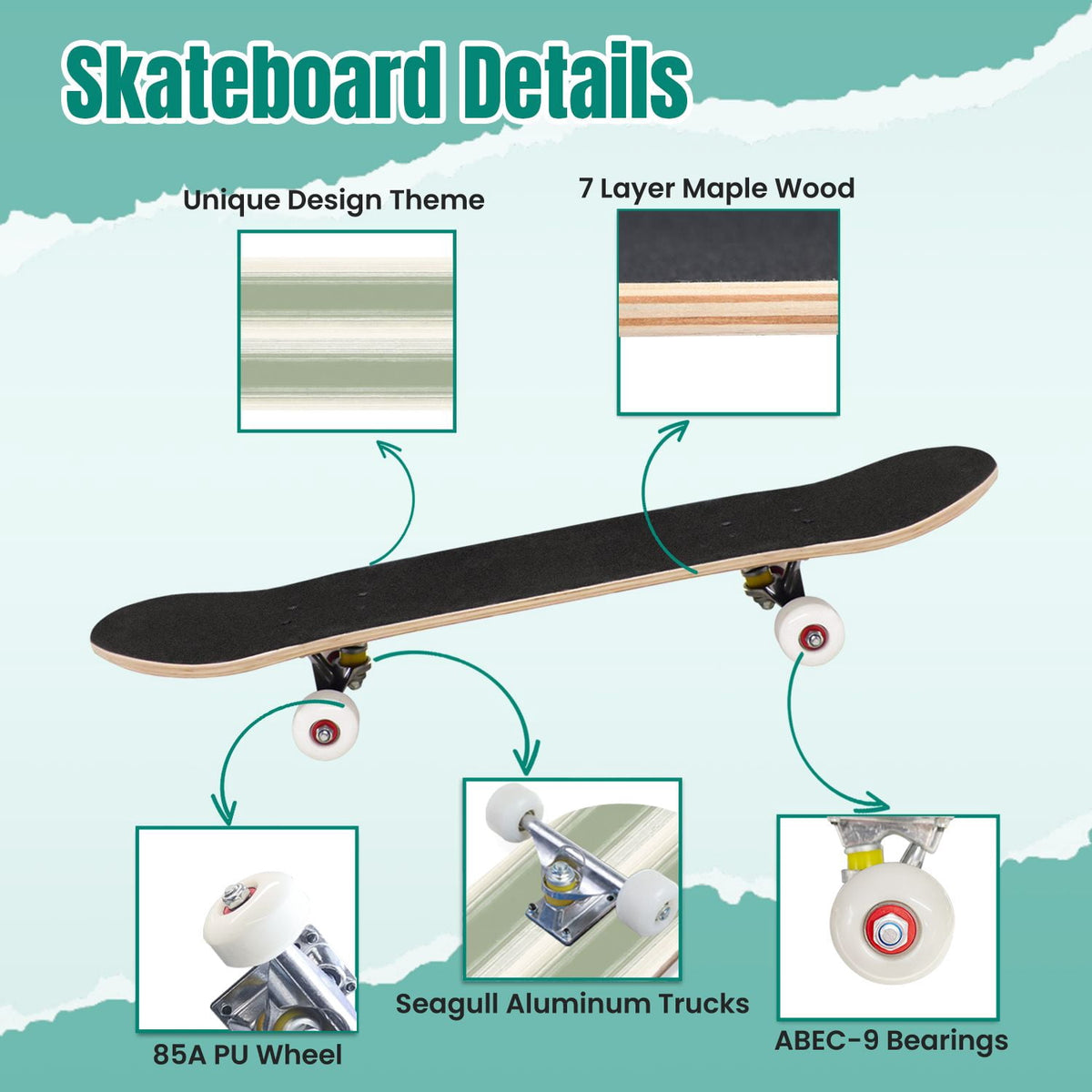 Botanical Floral Peonies Hummingbirds 31" x 8" Complete Skateboard, 7-Ply Canadian Maple Double Kick Trick Board for Kids and Beginners Adult Gifts