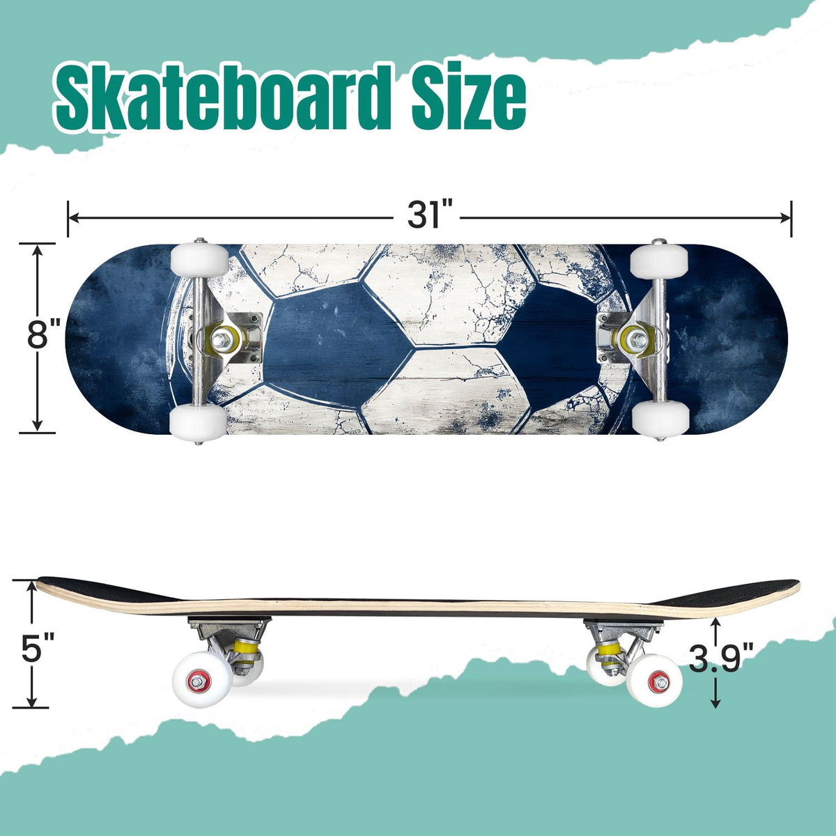 Dynamic Soccer Ball Explosion Energy Effects Stadium 31" x 8" Complete Skateboard, 7-Ply Canadian Maple Double Kick Trick Board for Kids and Beginners Adult Gifts