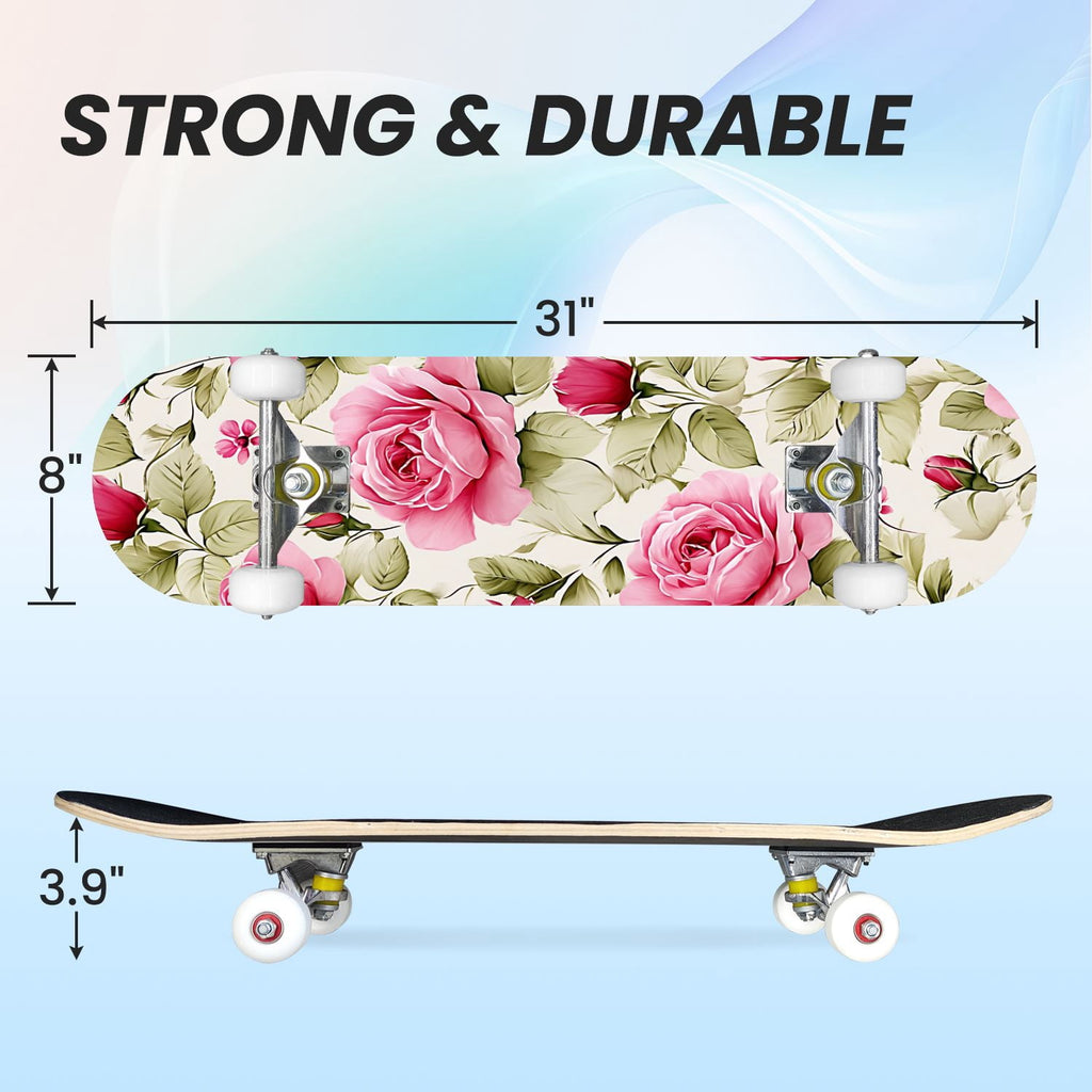 31"x8" Complete Skateboards for Beginners, Elegant Pink Red Roses Green Leaves Dark Double Kick 7 Ply Canadian Maple Deck Skateboard with Wheels, Gifts for Kids Teens