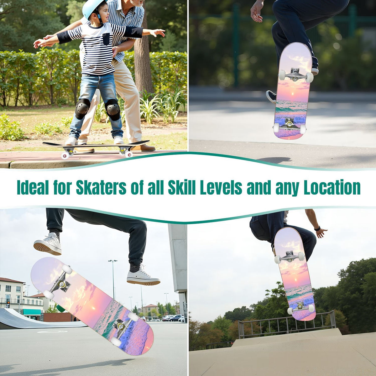 31"x8" Complete Skateboards for Beginners, Cherry Blossom Red Cherry Seamless Pink Botanical Double Kick 7 Ply Canadian Maple Deck Skateboard with Wheels, Gifts for Girls Teens