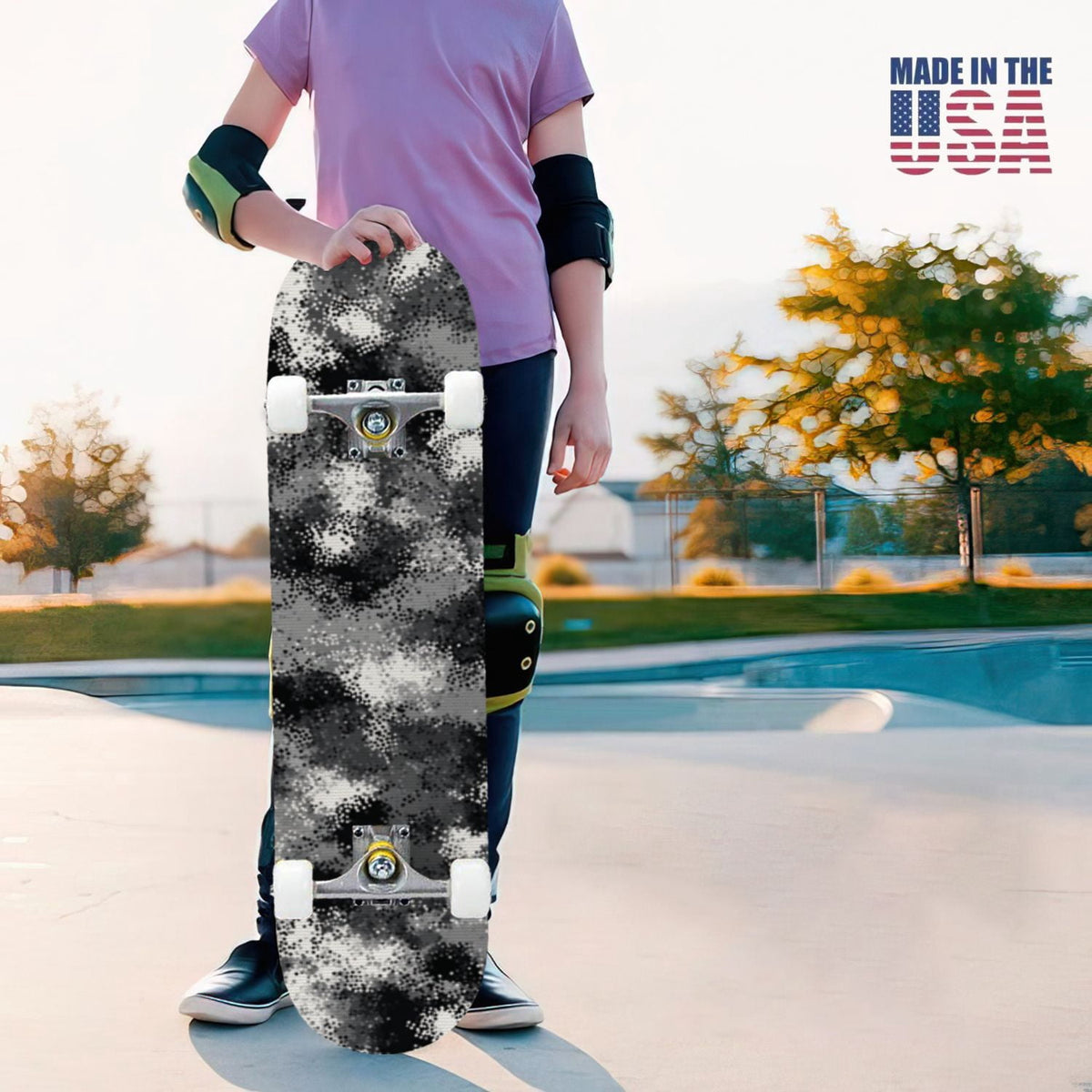 31"x8" Complete Skateboards for Beginners,Abstract Natural Earthy Tones Brush Strokes Camouflage Double Kick 7 Ply Canadian Maple Deck Skateboard with Wheels, Gifts for Kids Teens