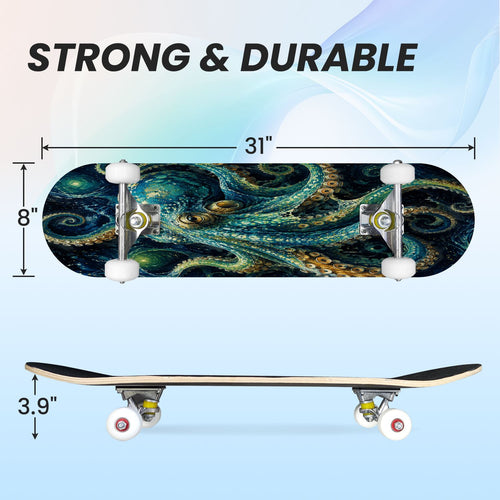 31"x8" Complete Skateboards for Beginners, Colorful Cosmic Octopus Tentacles Starry Marine Life Double Kick 7 Ply Canadian Maple Deck Skateboard with Wheels, Gifts for Kids Teens