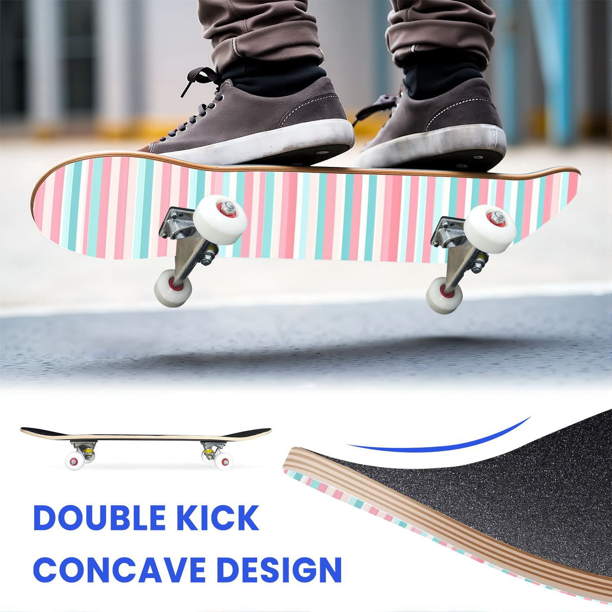 31"x8" Complete Skateboards for Beginners, Idyllic Tropical Beach Turquoise Water Golden Sand Shoreline Double Kick 7 Ply Canadian Maple Deck Skateboard with Wheels, Gifts for Kids Teens