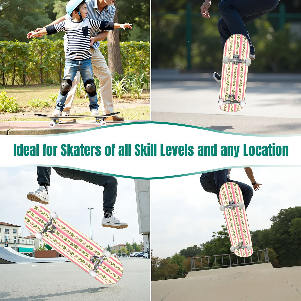31"x8" Complete Skateboards for Beginners, Pink Floral Striped Delicate Leaves Flowers Botanical Double Kick 7 Ply Canadian Maple Deck Skateboard with Wheels, Gifts for Girls Teens