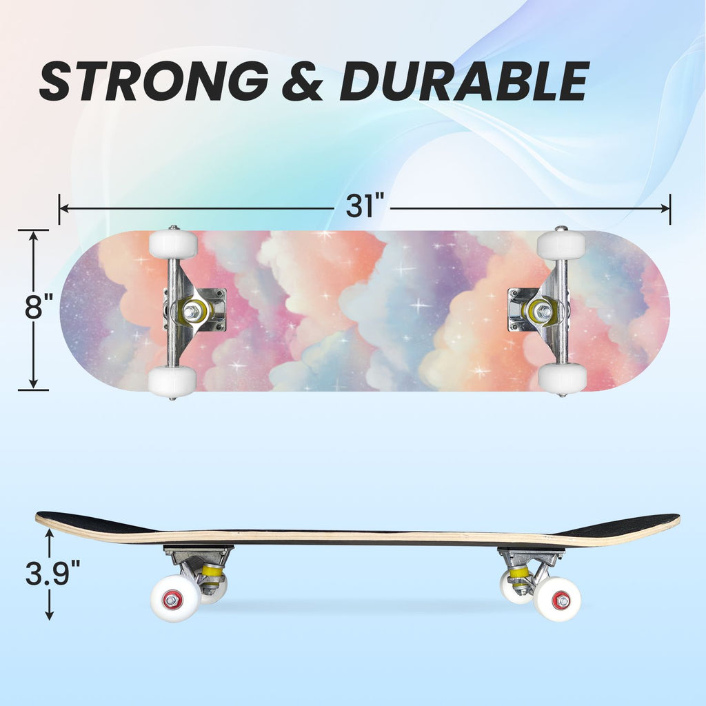 31"x8" Complete Skateboards for Beginners, Pastel Clouds Sparkles Dreamy Gradient Sky Summer Decor Double Kick 7 Ply Canadian Maple Deck Skateboard with Wheels, Gifts for Kids Teens