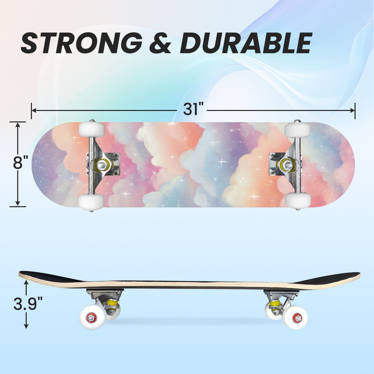31"x8" Complete Skateboards for Beginners, Pastel Clouds Sparkles Dreamy Gradient Sky Summer Decor Double Kick 7 Ply Canadian Maple Deck Skateboard with Wheels, Gifts for Kids Teens