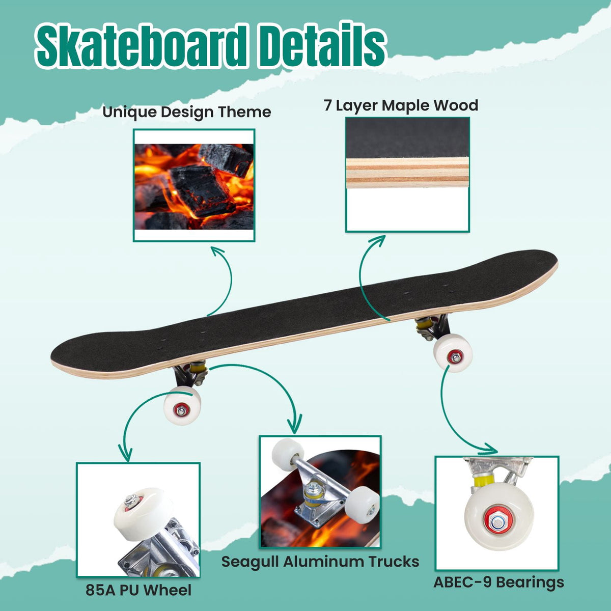 Vintage Damask Light Blue Brown Tones 31" x 8" Complete Skateboard, 7-Ply Canadian Maple Double Kick Trick Board for Kids and Beginners Adult Gifts