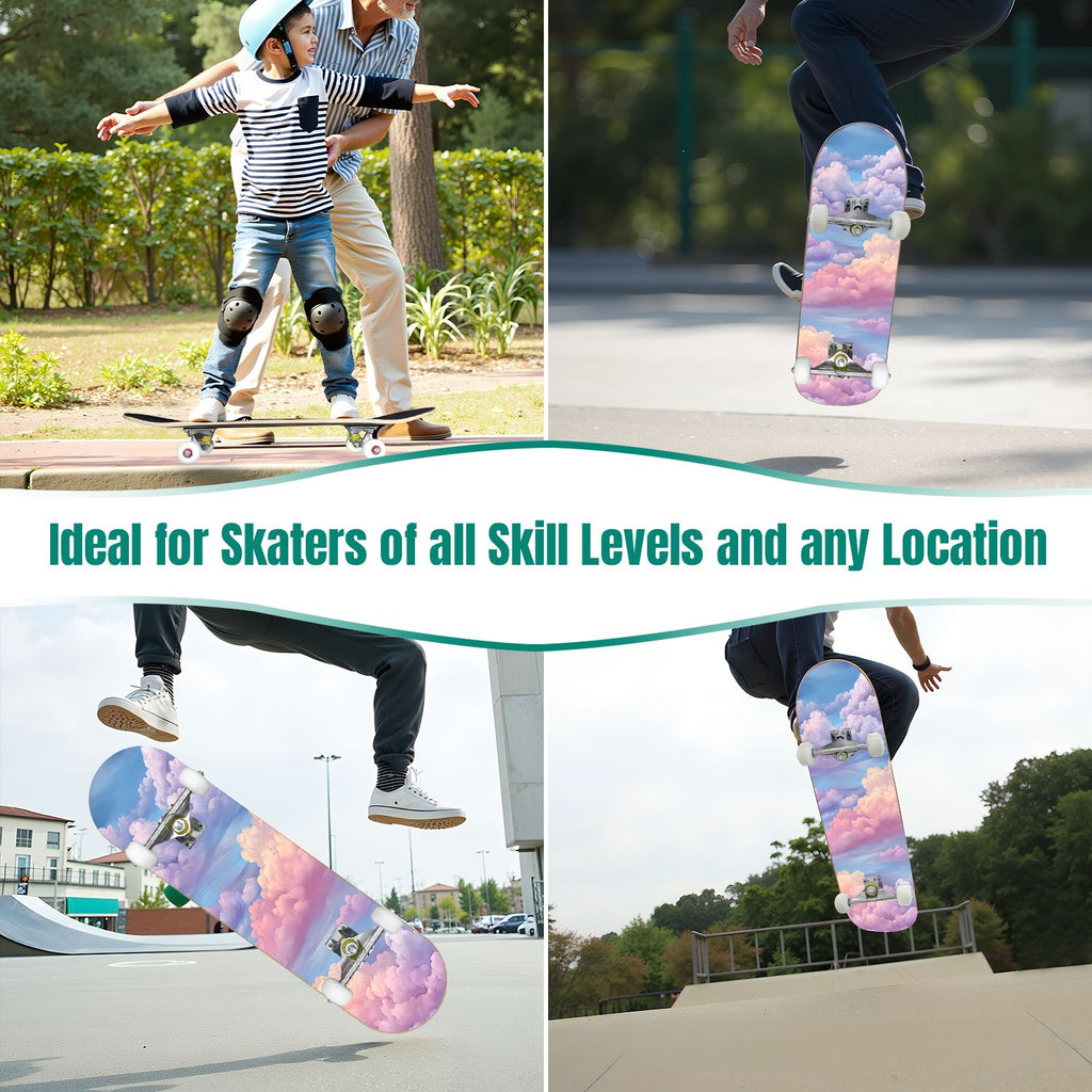 31"x8" Complete Skateboards for Beginners, Pastel Sky Fluffy Clouds Pink Purple Blue Summer Decor Double Kick 7 Ply Canadian Maple Deck Skateboard with Wheels, Gifts for Kids Teens