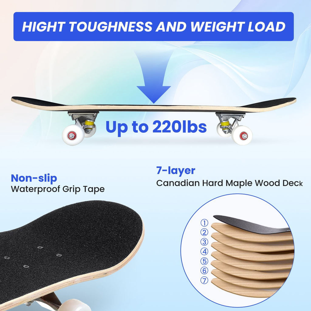 31"x8" Complete Skateboards for Beginners,Black Hexagon Honeycomb Glowing Blue Accents Double Kick 7 Ply Canadian Maple Deck Skateboard with Wheels, Gifts for Kids Teens