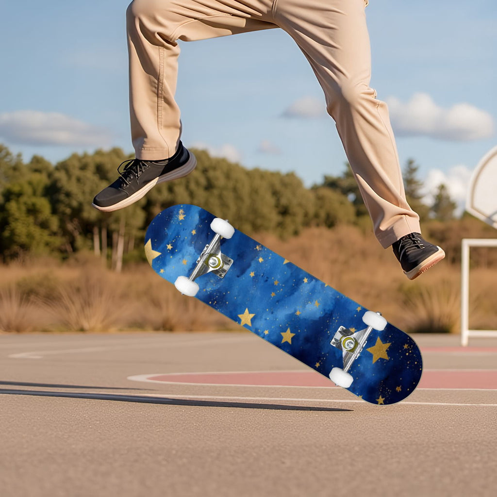 Vibrant Purple Blue Cosmic Galaxy Stars Nebula Clouds 31" x 8" Complete Skateboard, 7-Ply Canadian Maple Double Kick Trick Board for Kids and Beginners Adult Gifts