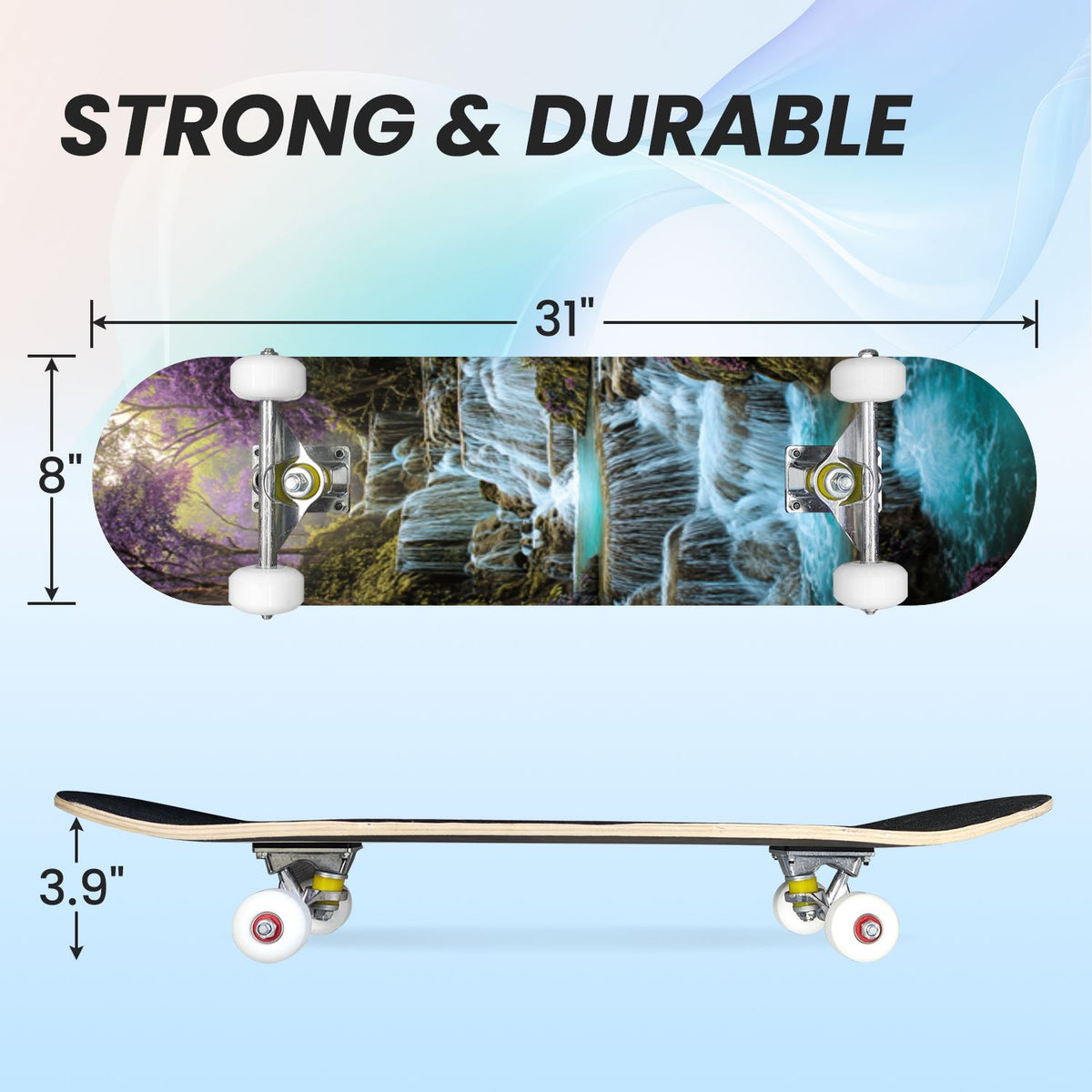 31"x8" Complete Skateboards for Beginners, Vibrant Stained Glass Window Butterflies Flowers Double Kick 7 Ply Canadian Maple Deck Skateboard with Wheels, Gifts for Kids Teens
