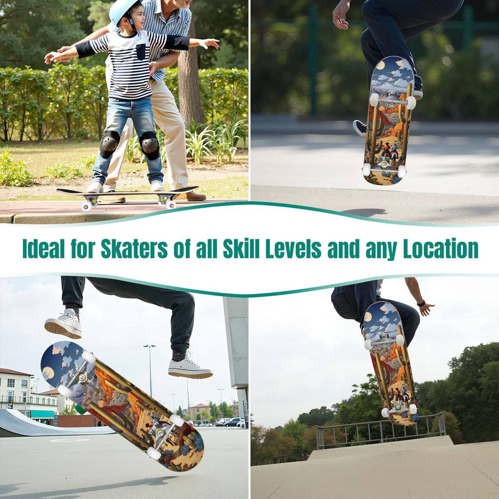 Western Cowboy Horses Desert Landscape 31" x 8" Complete Skateboard, 7-Ply Canadian Maple Double Kick Trick Board for Kids and Beginners Adult Gifts