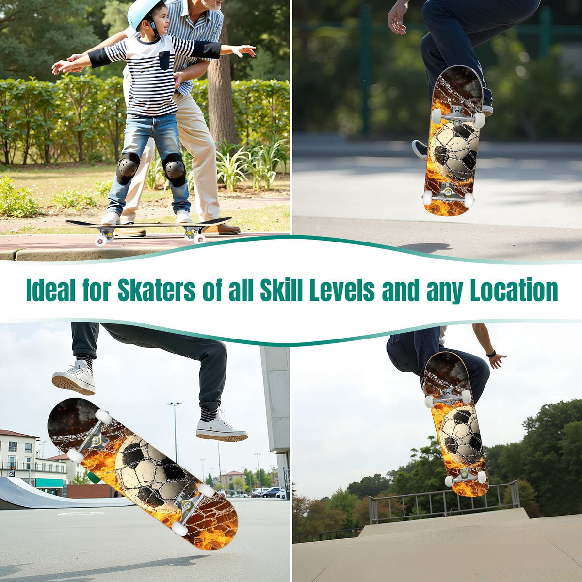 Dynamic Soccer Ball Explosion Energy Effects Stadium 31" x 8" Complete Skateboard, 7-Ply Canadian Maple Double Kick Trick Board for Kids and Beginners Adult Gifts