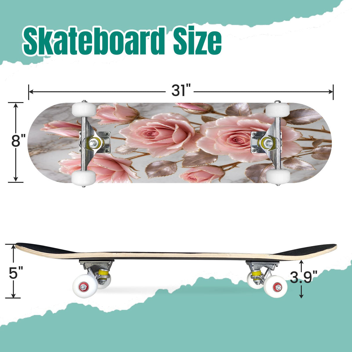 Modern Botanical Watercolor Pink Gold Mint Navy Leaves 31" x 8" Complete Skateboard, 7-Ply Canadian Maple Double Kick Trick Board for Kids and Beginners Adult Gifts