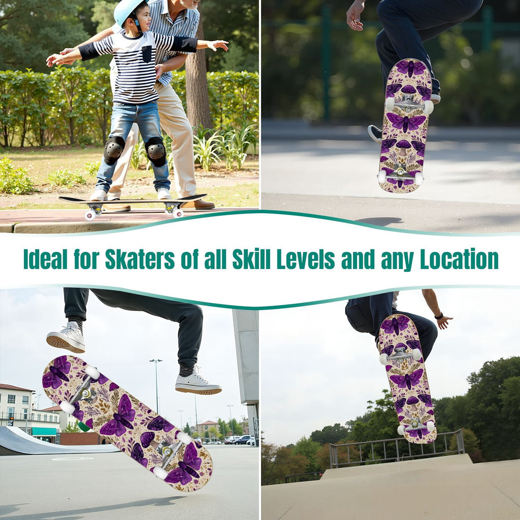 31"x8" Complete Skateboards for Beginners,Whimsical Blue Butterflies Green Foliage Dark Night Fantasy Double Kick 7 Ply Canadian Maple Deck Skateboard with Wheels, Gifts for Kids Teens