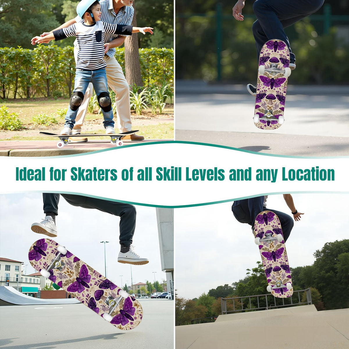 31"x8" Complete Skateboards for Beginners,Whimsical Blue Butterflies Green Foliage Dark Night Fantasy Double Kick 7 Ply Canadian Maple Deck Skateboard with Wheels, Gifts for Kids Teens